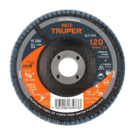 [11672] Disco laminado 4', grano 120 centro 5/8', fibra, TRUPER DLT-1703