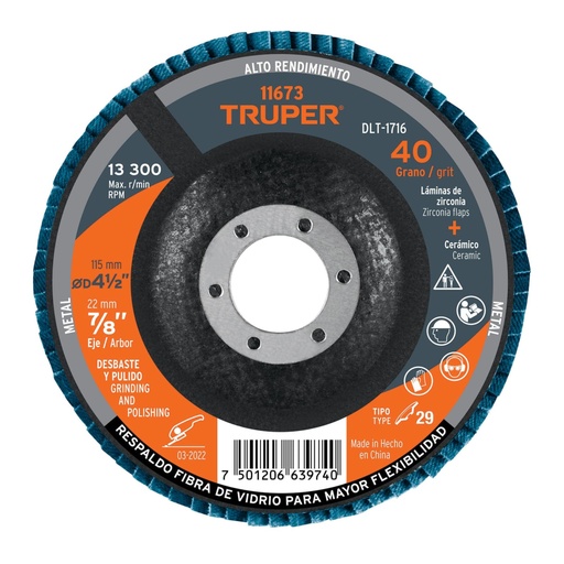 [11673] Disco laminado 4-1/2', grano 40 centro 7/8', fibra, TRUPER DLT-1716