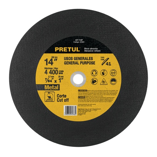 [22561] Disco Tipo 41 de 14' x 3.1 mm para corte de metal, PRETUL ABT-758P