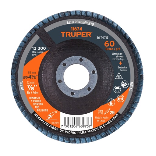 [11674] Disco laminado 4-1/2', grano 60 centro 7/8', fibra, TRUPER DLT-1717