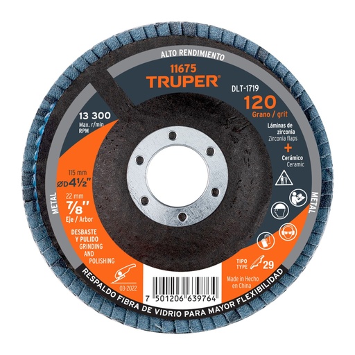 [11675] Disco laminado 4-1/2', grano 120 centro 7/8', fibra, TRUPER DLT-1719