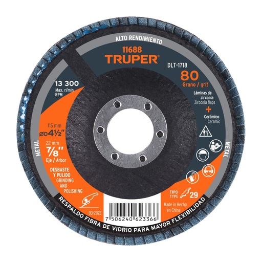 [11688] Disco laminado 4-1/2', grano 80 centro 7/8', fibra, TRUPER DLT-1718