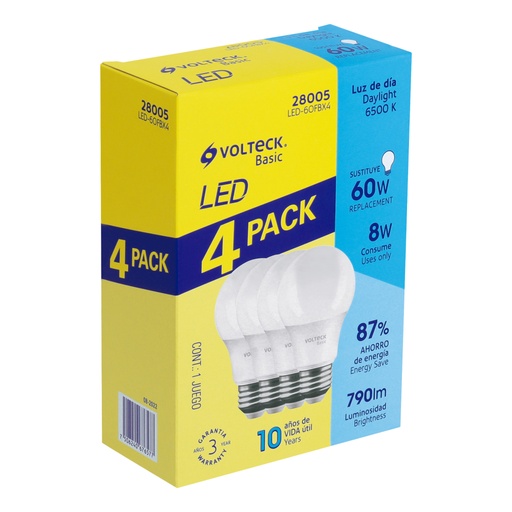 [28005] Pack de 4 lámparas LED A19 8 W (equiv. 60 W), luz de día LED-60FBX4