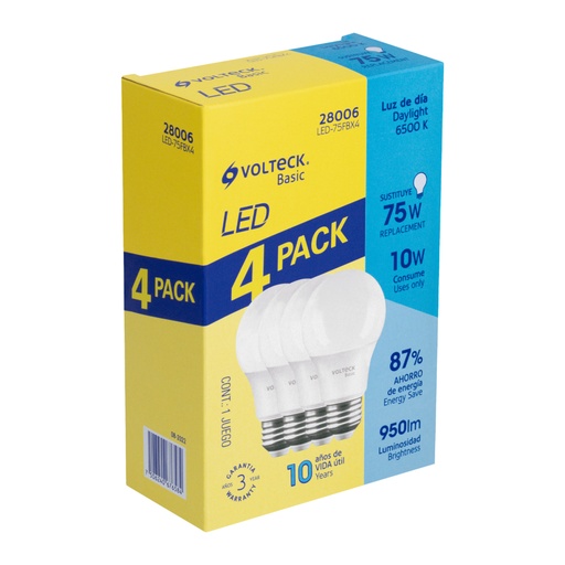 [28006] Pack de 4 lámparas LED A19 10 W (equiv. 75 W), luz de día LED-75FBX4