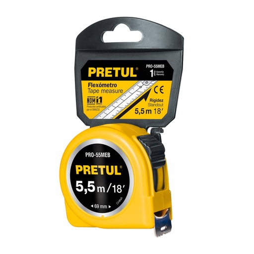 [28022] Flexómetro amarillo 5.5 m cinta 25 mm, en tarjeta, PRETUL PRO-55MEB