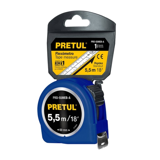 [28023] Flexómetro azul 5.5 m cinta 25 mm, en tarjeta, PRETUL PRO-55MEB-A