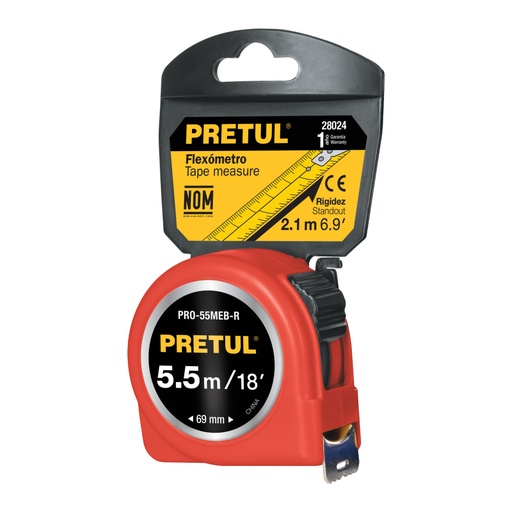 [28024] Flexómetro rojo 5.5 m cinta 25 mm, en tarjeta, PRETUL PRO-55MEB-R