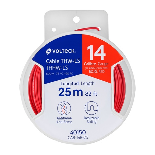 [40150] Carrete con 25 m de cable THHW-LS 14 AWG rojo, Volteck CAB-14R-25