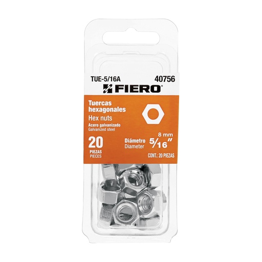 [40756] Blíster con 20 tuercas 5/16' hex de acero galvanizado, FIERO TUE-5/16A