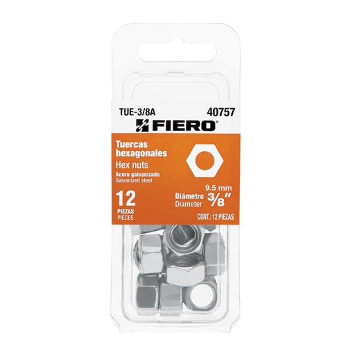 [40757] Blíster con 12 tuercas 3/8' hex de acero galvanizado, FIERO TUE-3/8A