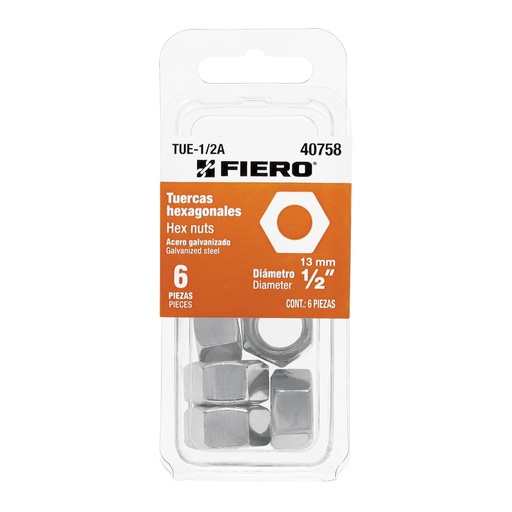 [40758] Blíster con 6 tuercas 1/2' hex de acero galvanizado, FIERO TUE-1/2A