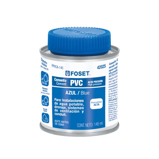 [42025] Cemento p/PVC, azul, alta presión, lata 145ml, FOSET PPVCA-145