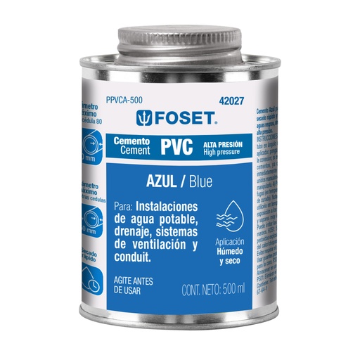 [42027] Cemento p/PVC, azul, alta presión, lata 500ml, FOSET PPVCA-500