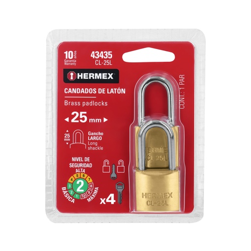 [43435] Blíster con 2 candados de latón de 25mm con gancho largo CL-25L