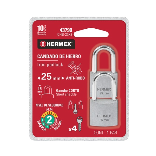 [43790] Blíster con 2 candados de hierro de 25mm con gancho corto CHB-25X2