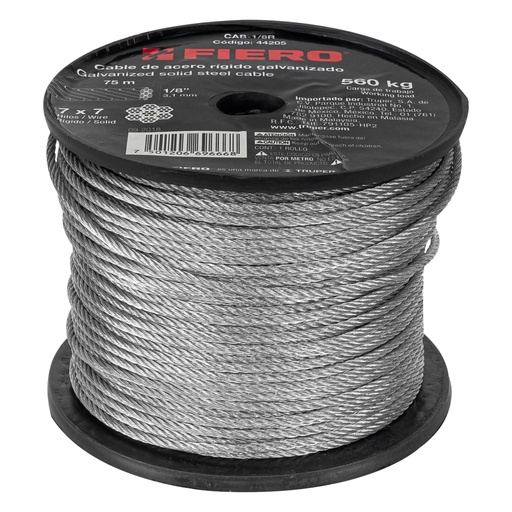 [44205] Metro de cable rígido 1/8' de acero 7x7 hilos, 75 m, FIERO CAB-1/8R