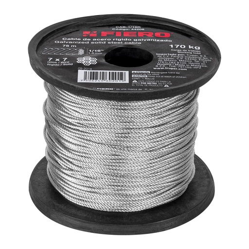 [44208] Metro de cable rígido 1/16' de acero 7x7 hilos, 75 m, FIERO CAB-1/16R