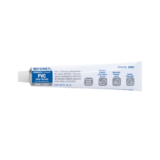 [44924] Cemento p/PVC, gris, máxima viscosidad, tubo 50ml, FOSET PPVCV-50