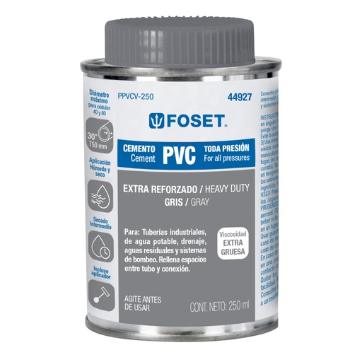 [44927] Cemento p/PVC, gris, máxima viscosidad, lata 250ml, FOSET PPVCV-250