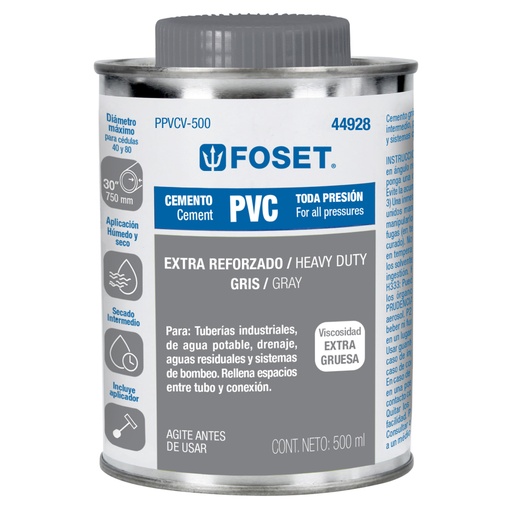 [44928] Cemento p/PVC, gris, máxima viscosidad, lata 500ml, FOSET PPVCV-500