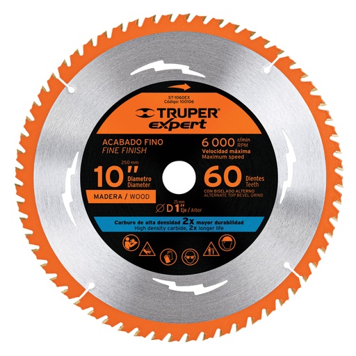 [100106] Disco sierra 10' para madera, 60 dientes centro 1', Expert ST-1060EX