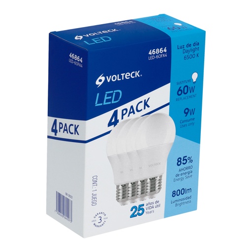 [46864] Pack de 4 lámparas LED A19 9 W (equiv. 60 W), luz de día LED-60FX4