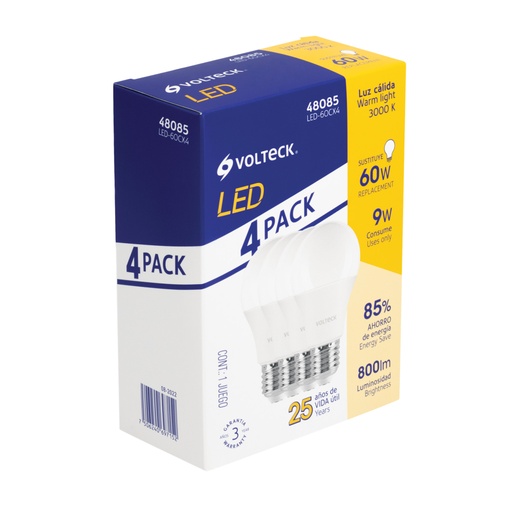 [48085] Pack de 4 lámparas LED A19 9 W (equiv. 60 W), luz cálida LED-60CX4
