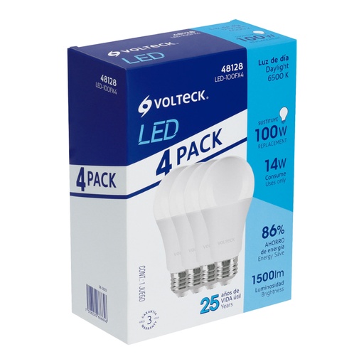 [48128] Pack de 4 lámparas LED A19 14 W (equiv. 100 W), luz de día LED-100FX4
