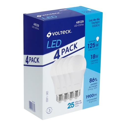 [48129] Pack de 4 lámparas LED A19 18 W (equiv. 125 W), luz de día LED-125FX4