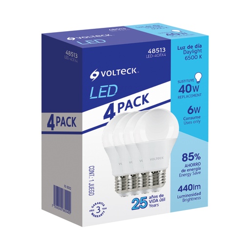 [48513] Pack de 4 lámparas LED A19 6 W (equiv. 40 W), luz de día LED-40FX4
