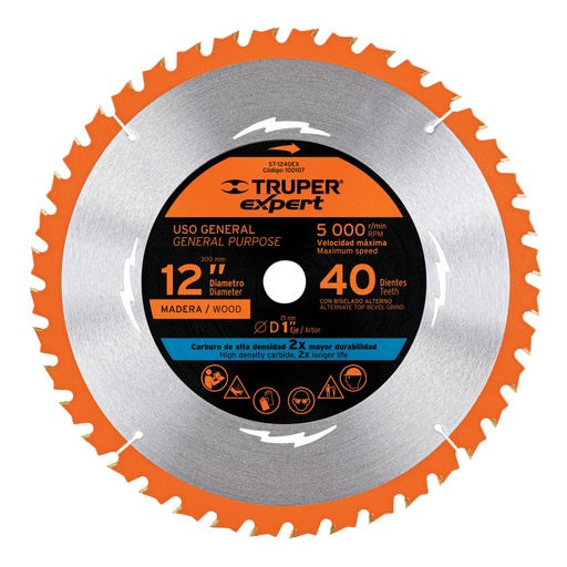 [100107] Disco sierra 12' para madera, 40 dientes centro 1', Expert ST-1240EX