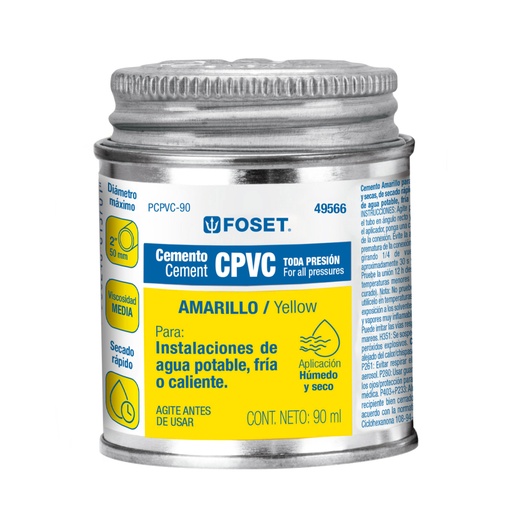 [49566] Cemento p/CPVC, amarillo, toda presión, lata 90ml, FOSET PCPVC-90