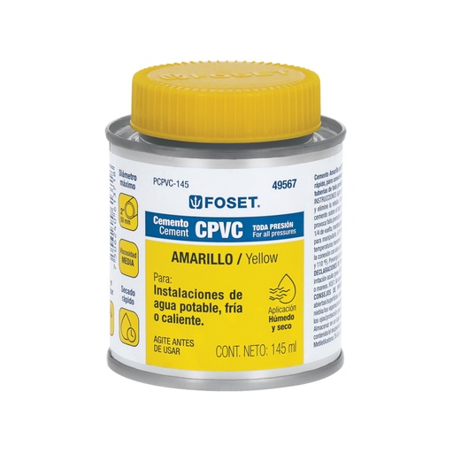 [49567] Cemento p/CPVC, amarillo, toda presión, lata 145ml, FOSET PCPVC-145