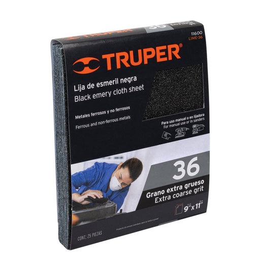 [11600] Lija de esmeril negra grano 36 de óxido de aluminio, Truper LIME-36