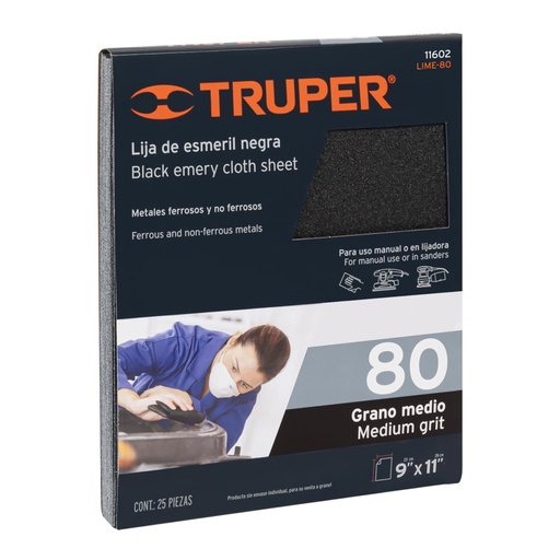 [11602] Lija de esmeril negra grano 80 de óxido de aluminio, Truper LIME-80