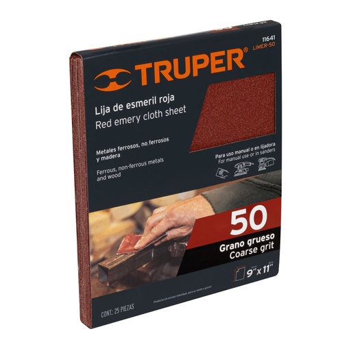 [11641] Lija de esmeril roja grano 50 de óxido de aluminio, Truper LIMER-50
