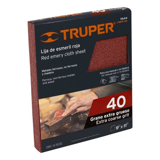 [11644] Lija de esmeril roja grano 40 de óxido de aluminio, Truper LIMER-40