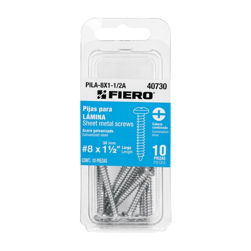 [40730] Blíster con 10 pijas para lámina, #8 x 1-1/2', FIERO PILA-8X1-1/2A
