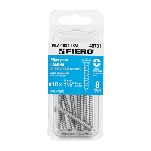 [40731] Blíster con 8 pijas para lámina, #10 x 1-1/2', FIERO PILA-10X1-1/2A
