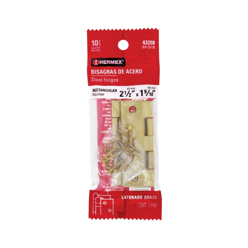[43208] Bolsa con 2 bisagras rectangulares 2-1/2', acero latonado BR-251B