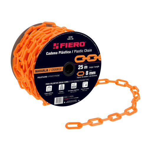 [44185] Metro de cadena de 8 mm de plástico naranja, carrete de 25 m CAPL-8A