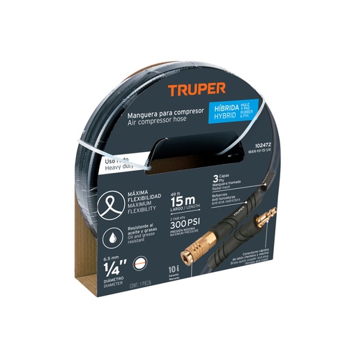 [102472] Manguera para compresor, híbrida, 15m x 1/4', Truper MAN-HI-15-1/4