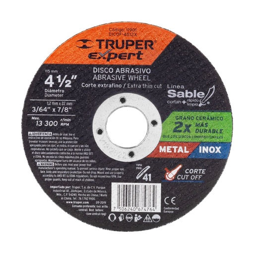 [11901] Disco Tipo 41 de 4-1/2' x 1.2 mm corte fino de metal, Expert DICOF-4512X