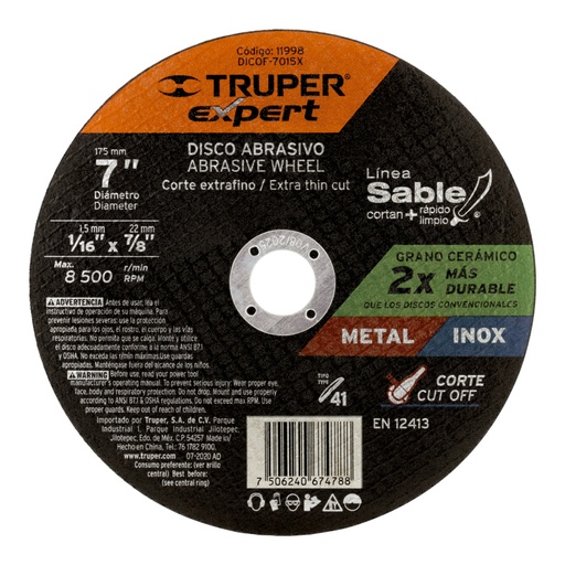 [11998] Disco Tipo 41 de 7' x 1.5 mm corte fino de metal, Expert DICOF-7015X
