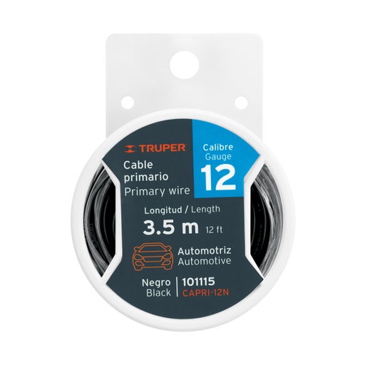 [101115] Carrete con 3.5 m de cable primario negro calibre 12, Truper CAPRI-12N
