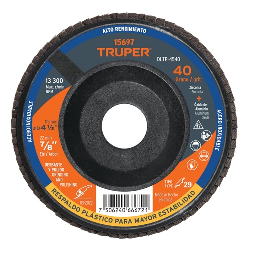 [15697] Disco laminado 4-1/2' grano 40 centro 7/8', plástico, TRUPER DLTP-4540