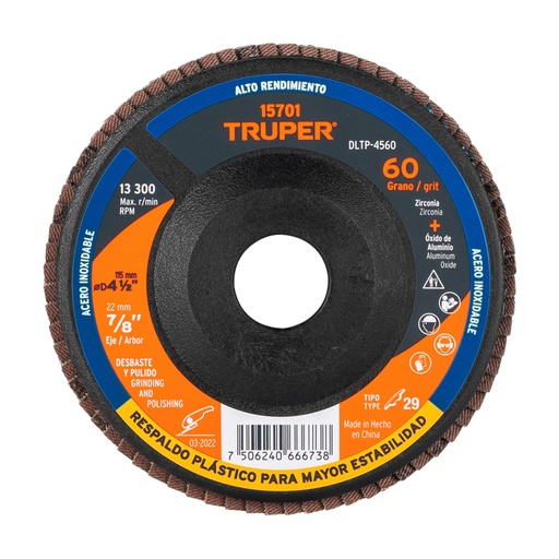 [15701] Disco laminado 4-1/2' grano 60 centro 7/8', plástico, TRUPER DLTP-4560
