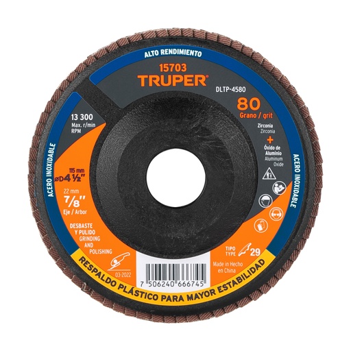 [15703] Disco laminado 4-1/2' grano 80 centro 7/8', plástico, TRUPER DLTP-4580