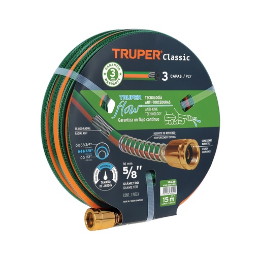 [16036] Manguera 5/8' reforzada 3 capas 15 m conexiones de metal MAN-15X5/8R