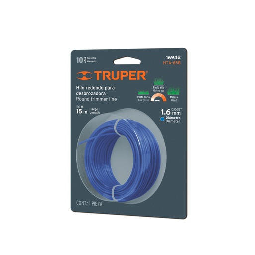 [16942] Hilo redondo, para desbrozadora, 1.6mm x 15m, tarjeta,TRUPER HTA-65B